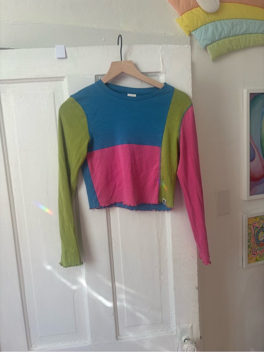 Lucy and Yak Colorblock Long Sleeve Cropped Top - Blue, Pink & Green